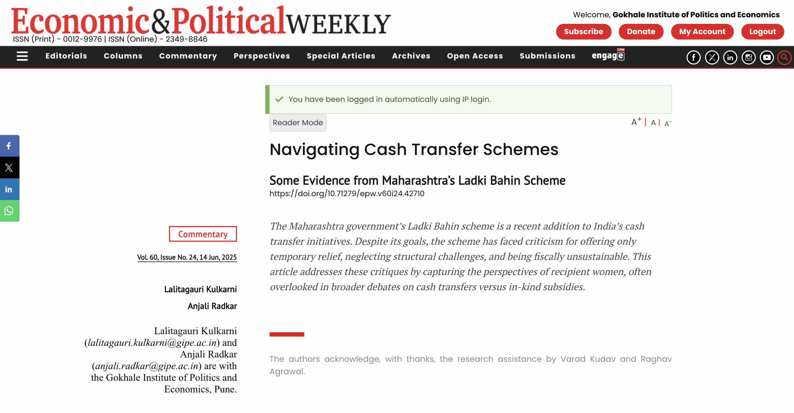 Navigating Cash Transfer Schemes- Research paper by Dr Lalitagauri Kulkarni and Prof. Radkar
